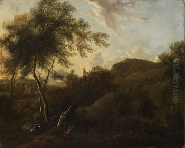 Southern landscape with a hunters hunting deer Oil Painting by Frederik de Moucheron