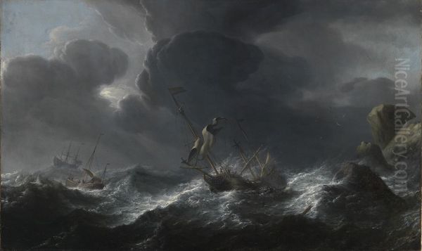 Shipwreck off a rocky shore Oil Painting by Aernout Smit