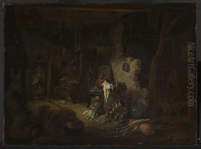 Boerderij-interieur met zittende vrouw, man op een ladder en figuur in de deuropening Oil Painting by Willem Kalf