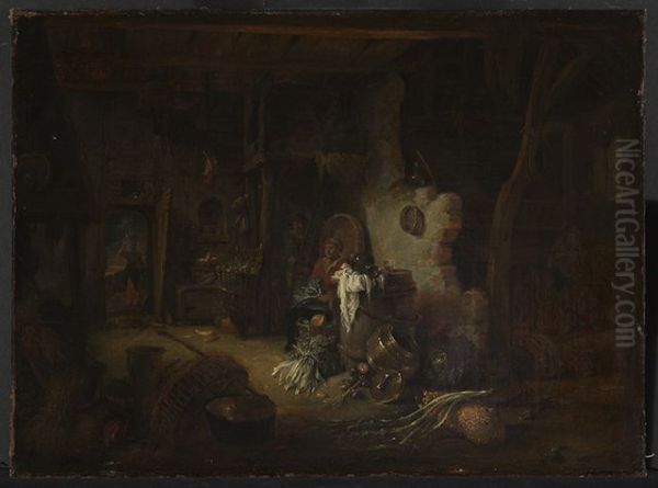 Inneres eines Bauernhauses mit Kuchenstilleben Oil Painting by Willem Kalf