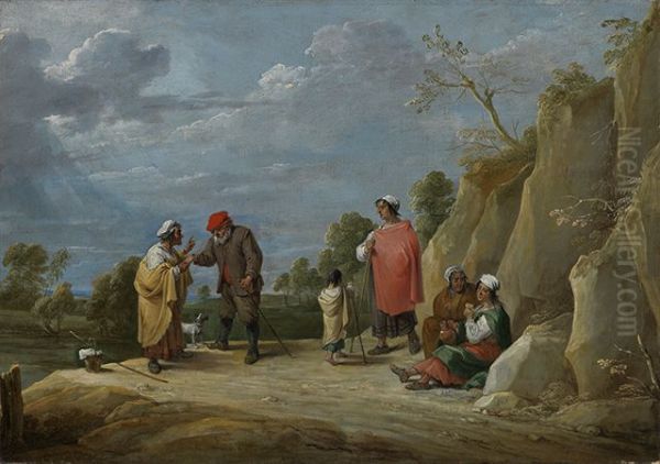 Four gypsies with a child, one telling a peasant his fortune Oil Painting by David Teniers the Younger
