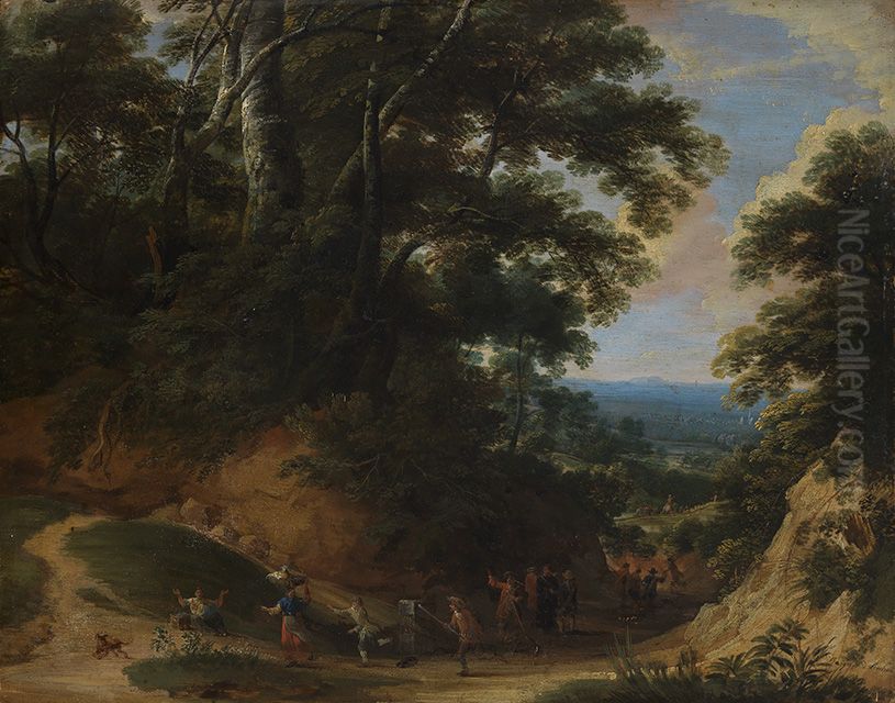Mountain pass with soldiers attacking peasants Oil Painting by Jacques d'Arthois