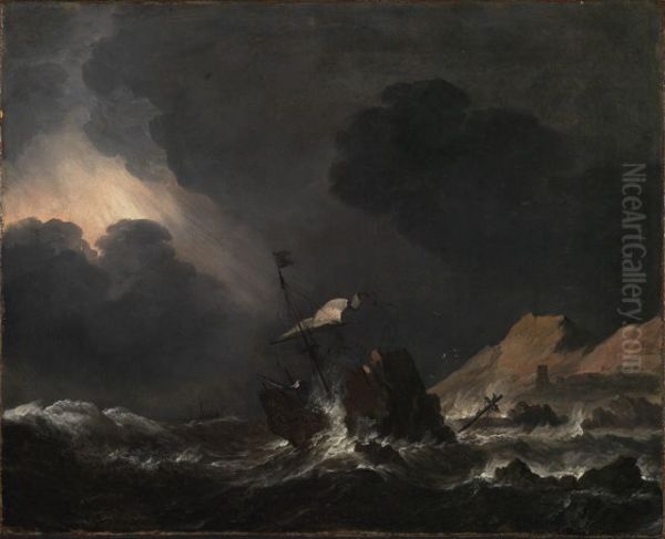 Shipwreck off a rocky coast Oil Painting by Jan Theunisz Blanckerhoff