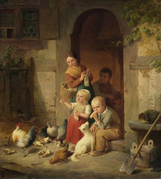 Bauernkinder futtern Huhner Oil Painting by Heinrich von Rustige