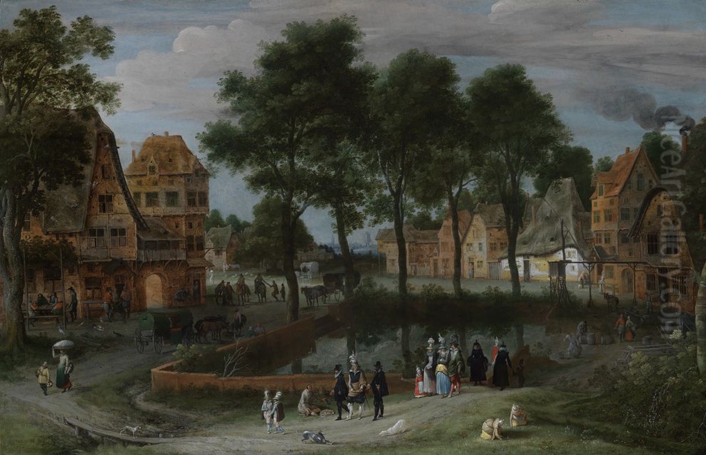 Ein Dorfplatz mit stadtischen Besuchern Oil Painting by Adriaen Van Stalbemt