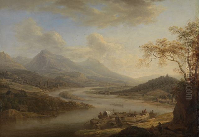 Rheinlandschaft mit Fischerbooten am vorderen Ufer Oil Painting by Christian Georg Schutz