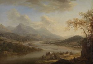 Rheinlandschaft mit Fischerbooten am vorderen Ufer