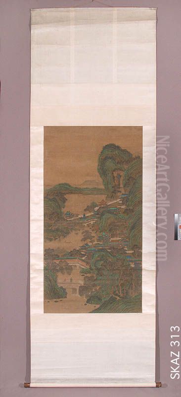 Palac nad brzegiem jeziora - pejzaz Oil Painting by Qiu Ying