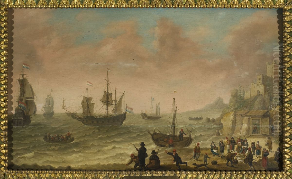 A Coastal Scene with Dutch Vessels and a Fish Market Oil Painting by Abraham Willaerts
