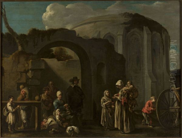 Family of beggars among ruins Oil Painting by Sebastien Bourdon