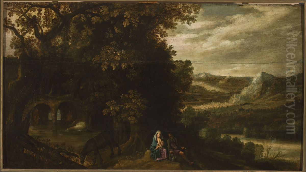 Rest during the flight to Egypt Oil Painting by Adriaen Van Stalbemt