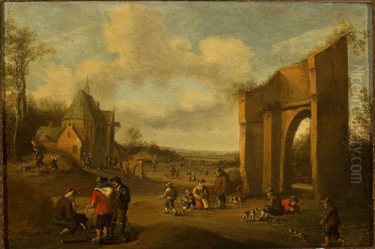 Countryside landscape with peasants Oil Painting by Cornelis Droochsloot