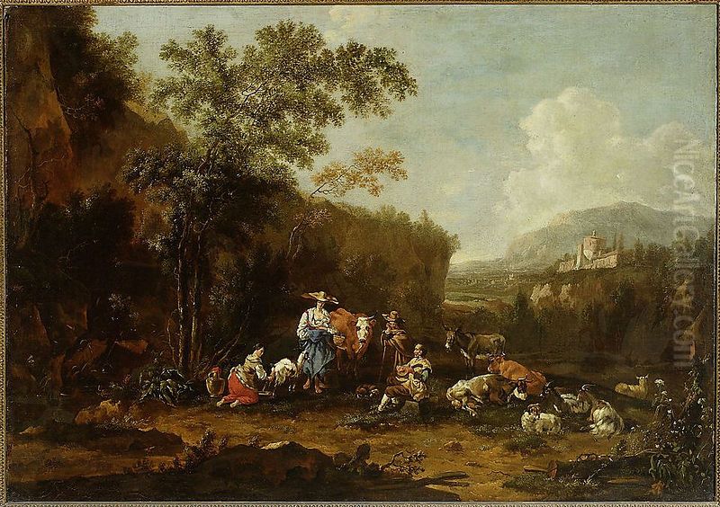 Italian landscape with a group of shepherds Oil Painting by Jan Both