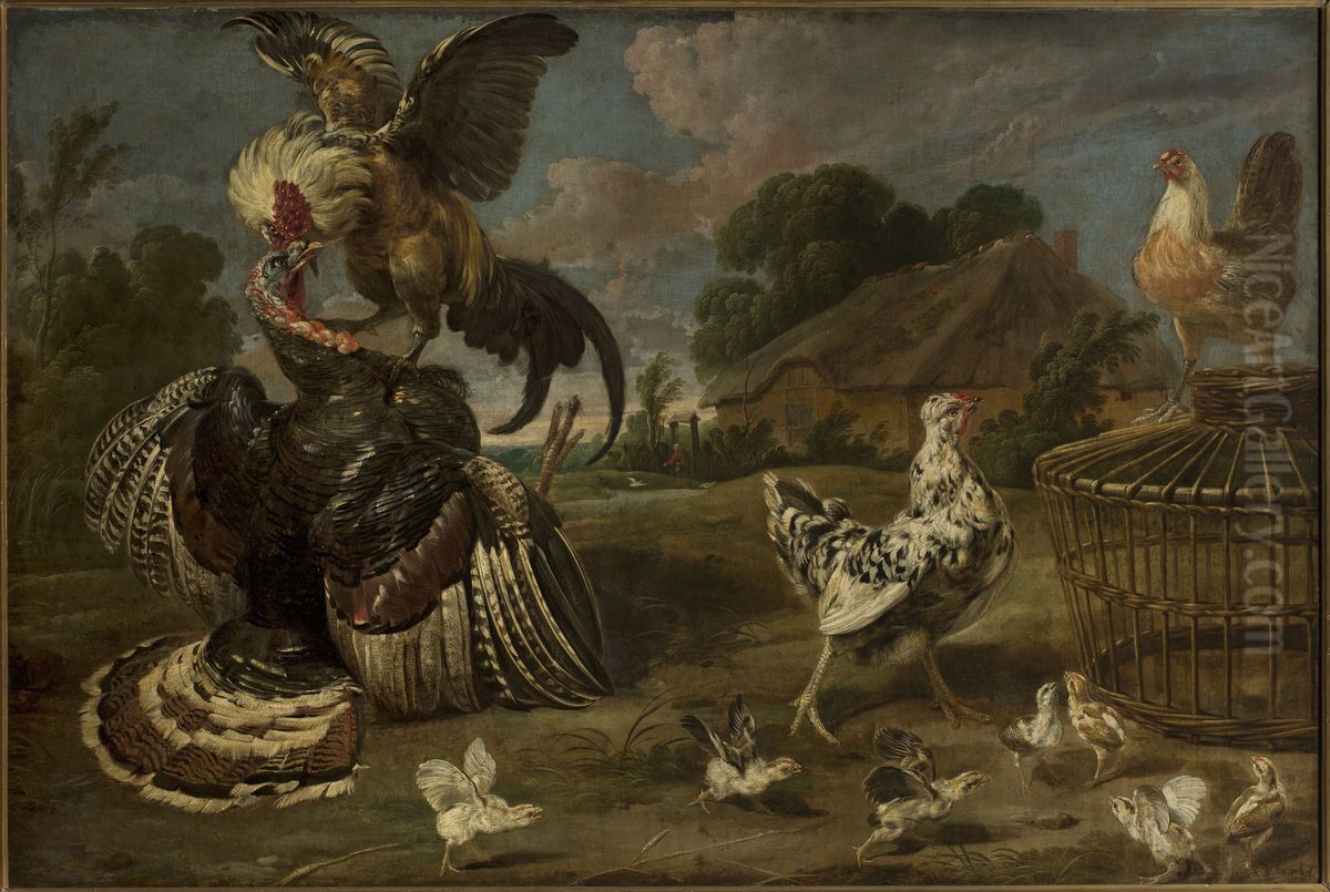 A turkey and a rooster Oil Painting by Paul de Vos