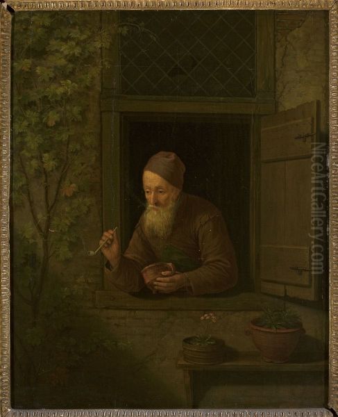 Old man with a pipe in the window Oil Painting by Gerrit Dou