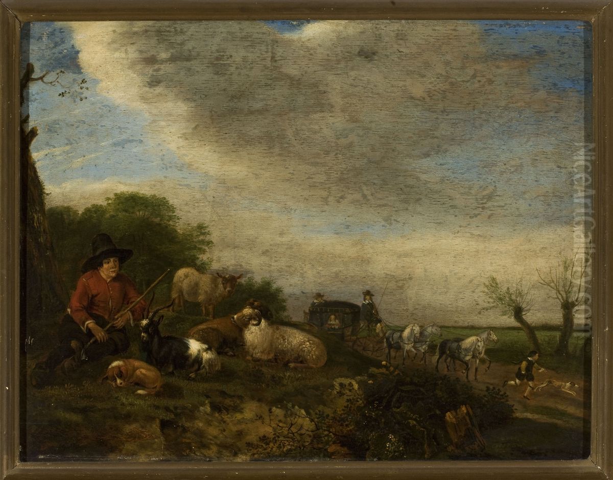 Shepherd with goats and sheep and a carriage on the right Oil Painting by Johannes Lingelbach