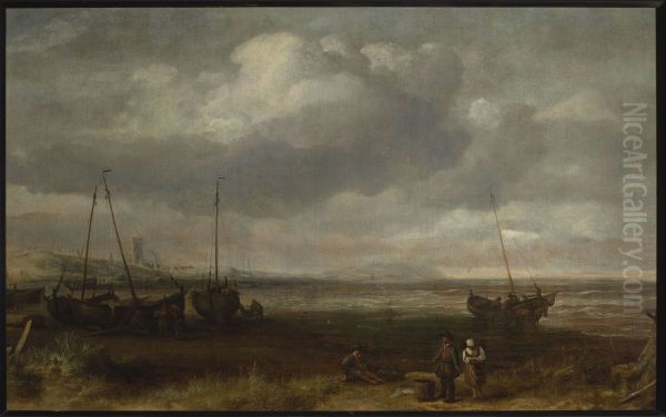 Seaside in Scheveningen with fishing boats Oil Painting by Simon De Vlieger