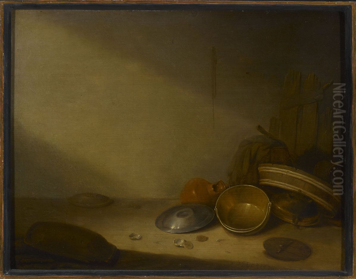 Still life with old dishes Oil Painting by Pieter Symonsz Potter