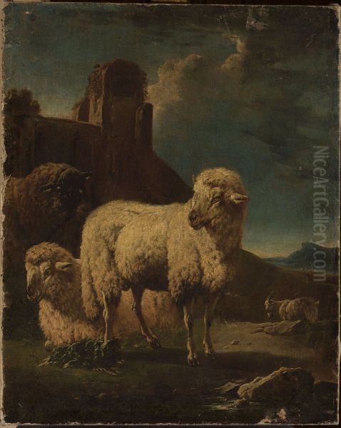 Rams with ruins in the background Oil Painting by Philipp Peter Roos