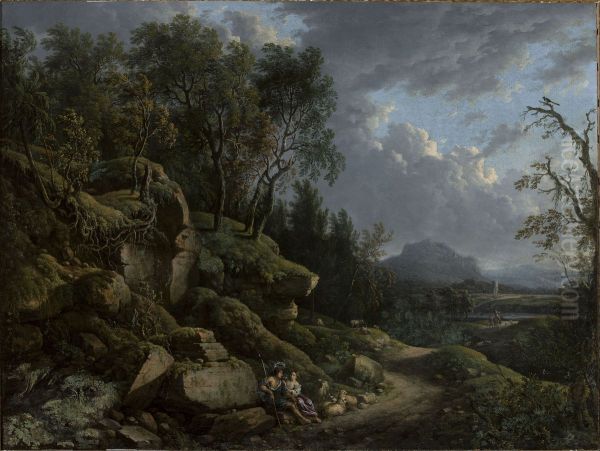 Mountain landscape with a shepherd and a shepherdess Oil Painting by Jacob De Heusch