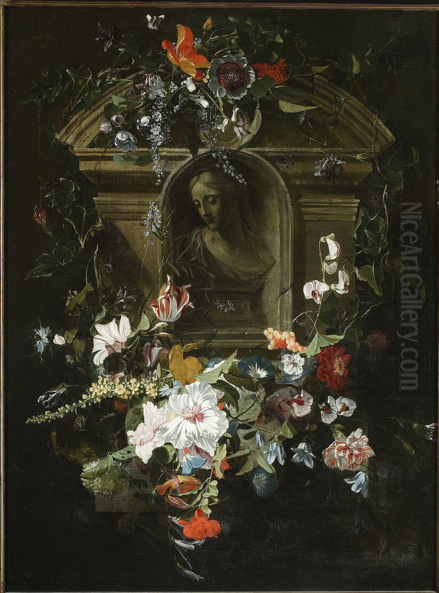 Bust of a woman in a circle of flowers Oil Painting by Daniel Seghers