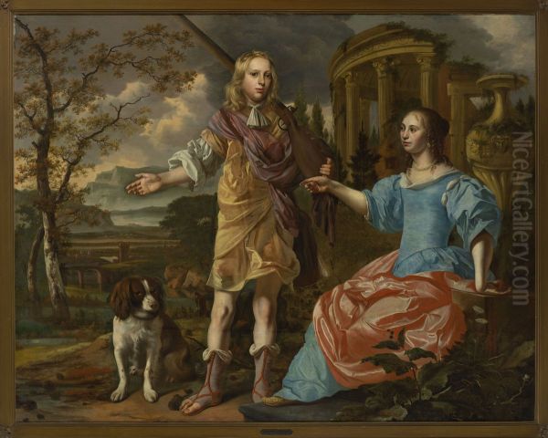 Portrait of a hunter with a lady Oil Painting by Christoffel Pierson
