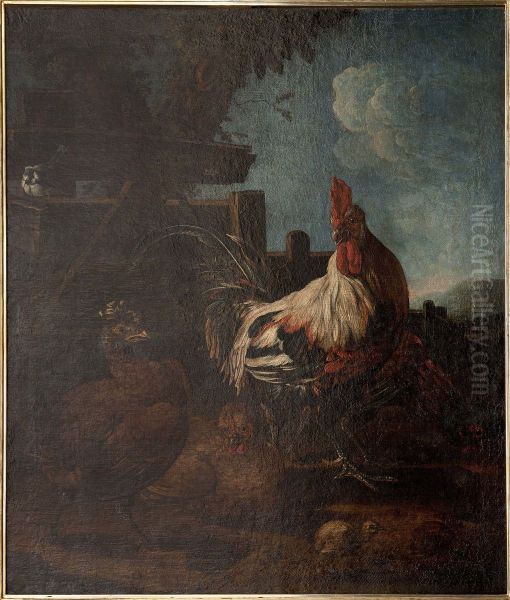 Rooster with hens and chickens Oil Painting by Melchior D'Hondecoeter