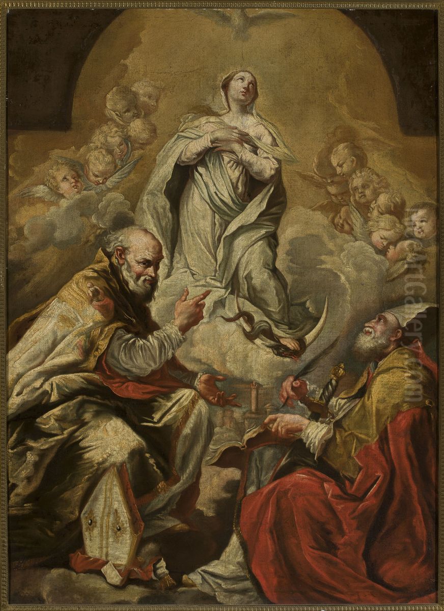 Adoration of Virgin Mary by St. Petronius and Dionysius the Areopagite Oil Painting by Giovanni Antonio Burrini