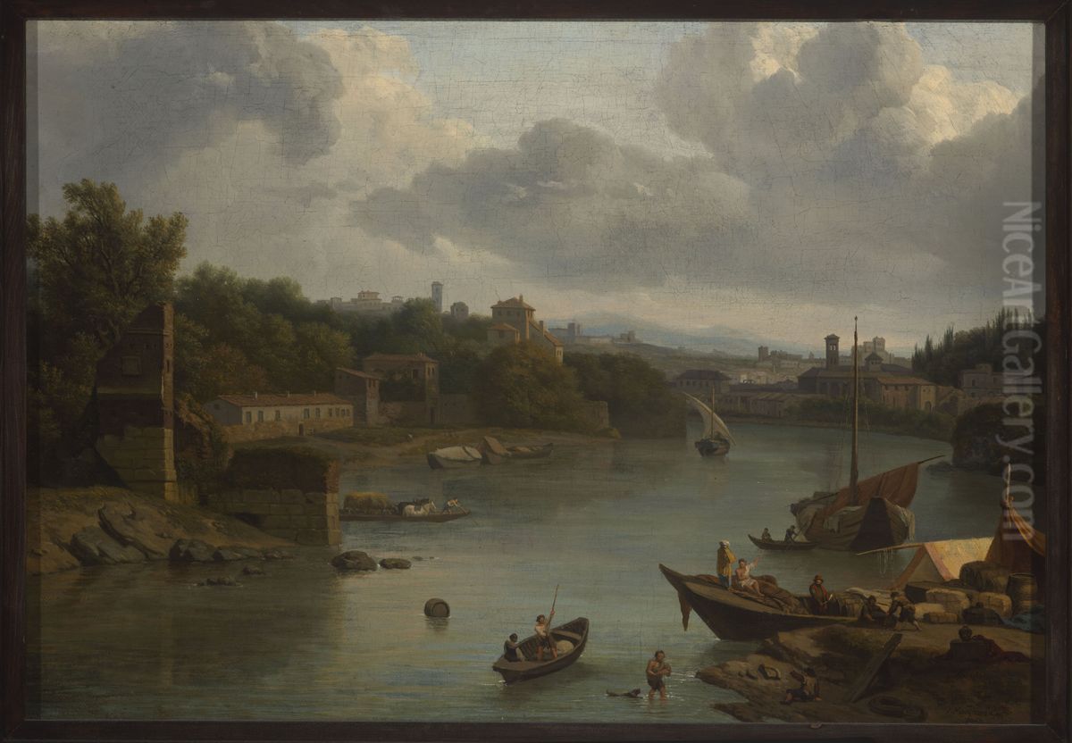 View of the Tiber from the south - Ripa Grande Oil Painting by Isaac de Moucheron