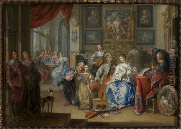 Interior with a concert and card players Oil Painting by Johann Georg Platzer