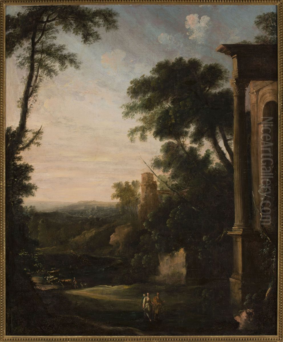 Landscape with architecture and staffage Oil Painting by Pierre-Antoine Patel