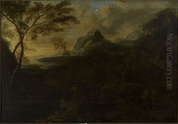 Landscape with figures at the lakeside Oil Painting by Gaspard Dughet