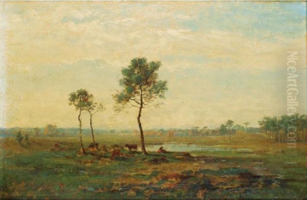 Paysage A La Mare [ ; Landscape ; Oil On Panel ; Signed And Dedicated Lower Left ] Oil Painting by Charles Busson