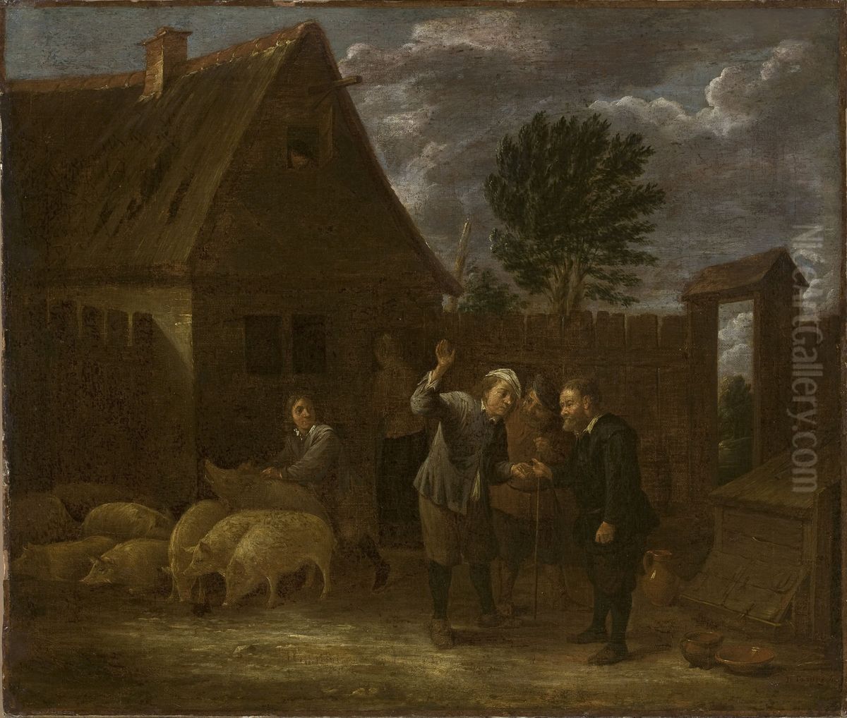 Landscape with a seller of pigs Oil Painting by David Teniers the Younger