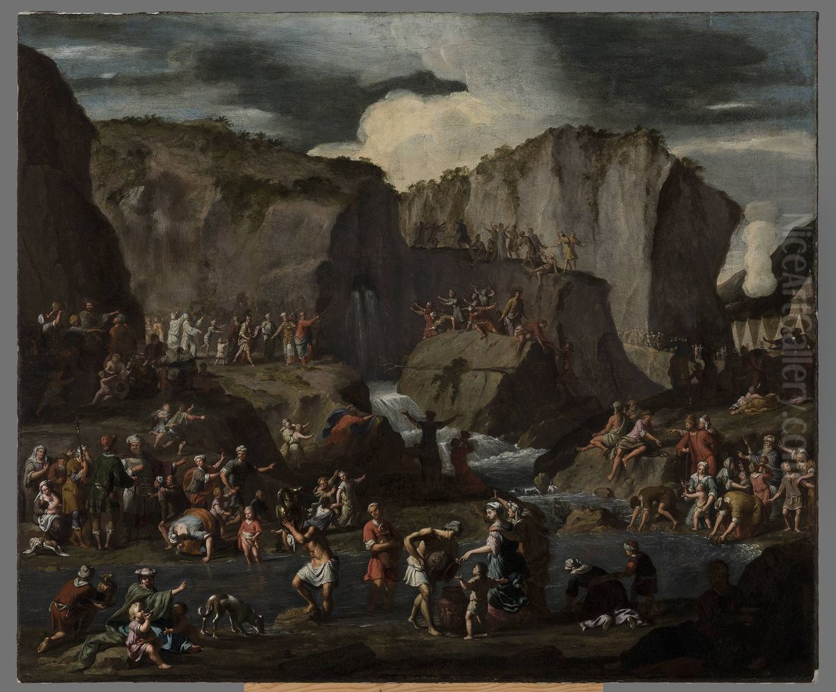 Moses bringing forth water from the rock Oil Painting by Krzysztof Lubieniecki
