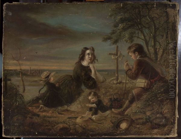 Prayer at the grave Oil Painting by Artur Grottger