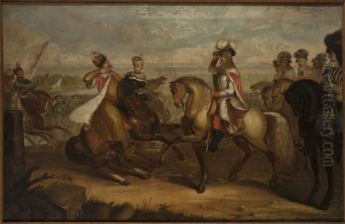 King John III Sobieski meets emperor Leopold at Vienna, replica Oil Painting by Jan Damel