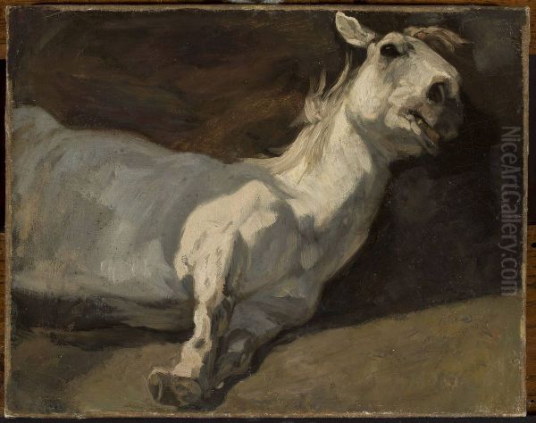 White horse stretched on the ground Oil Painting by Piotr Michalowski