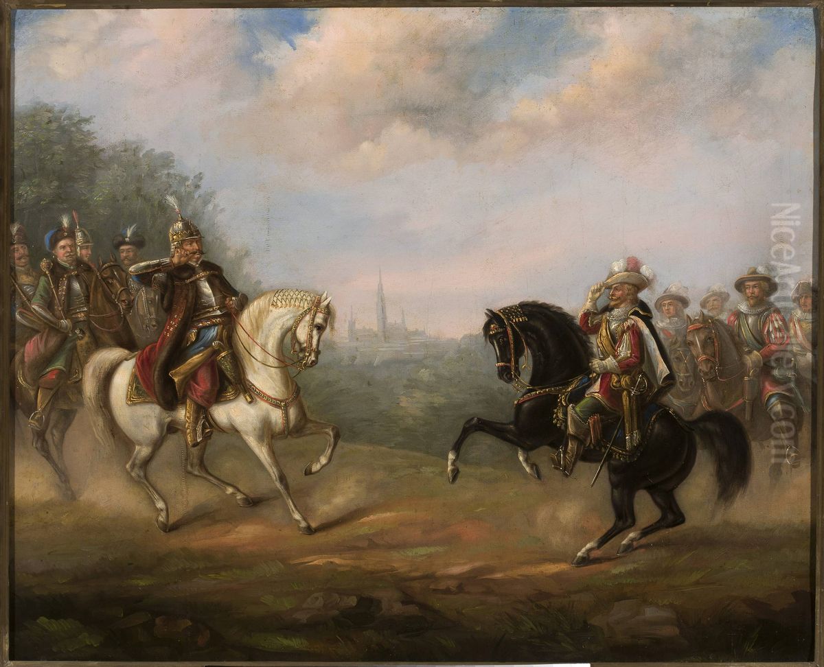 King John III Sobieski meets emperor Leopold at Vienna Oil Painting by Feliks Sypniewski King John III Sobieski meets emperor Leopold at Vienna Oil Painting by Feliks Sypniewski