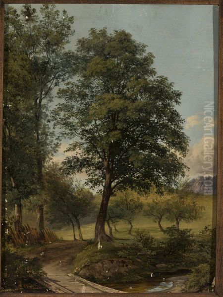 View with a bridge over a creek Oil Painting by Jan Nepomucen Glowacki