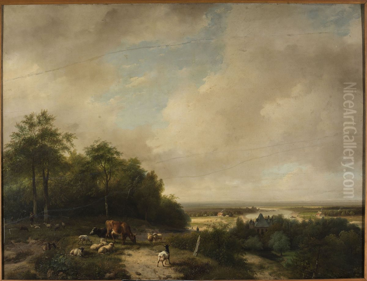 Landscape with a herd at the forest edge Oil Painting by Andreas Schelfhout
