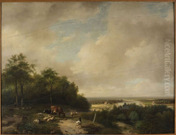 Landscape with a herd at the forest edge Oil Painting by Andreas Schelfhout