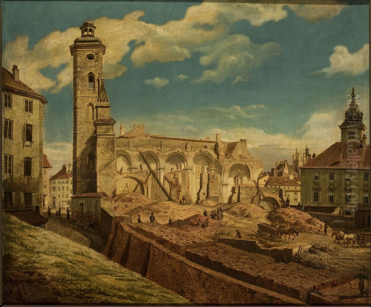 Demoliition of the church of the Bernardine Sisters in Warsaw Oil Painting by Marcin Zaleski