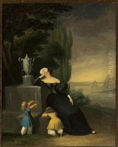 Widow with a child at her husband's grave