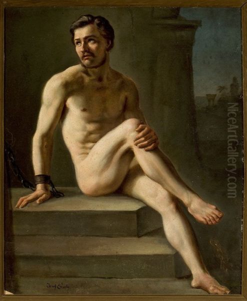Male nude study Oil Painting by Jozef Simmler