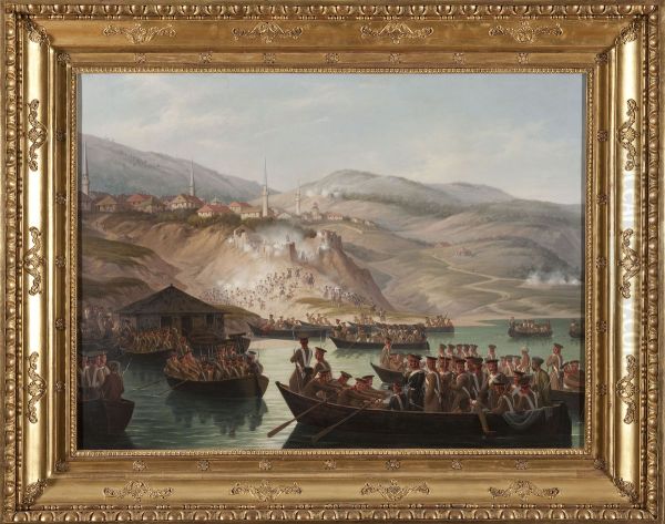 Episode in the Caucasian wars - Crossing the river in Arcx Oil Painting by January Suchodolski