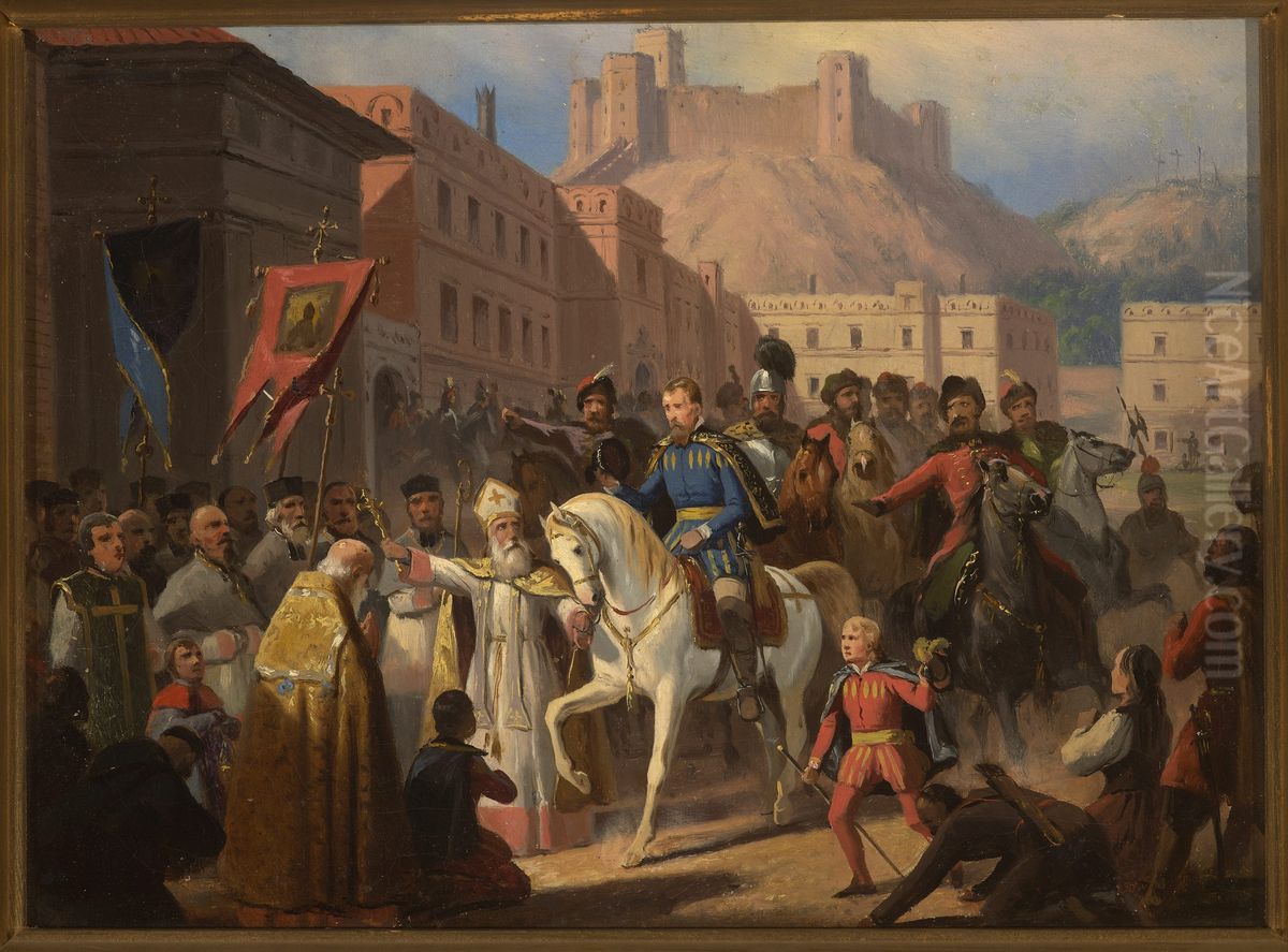 Hosius, bishop of Vilnius, and Sigismund Augustus Oil Painting by January Suchodolski