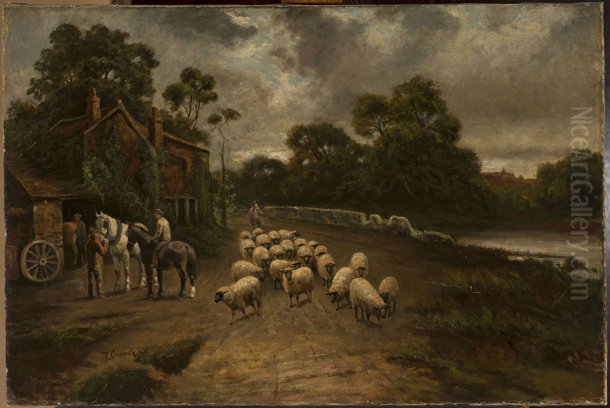 Genre scene with a flock of sheep Oil Painting by Thomas Creswick