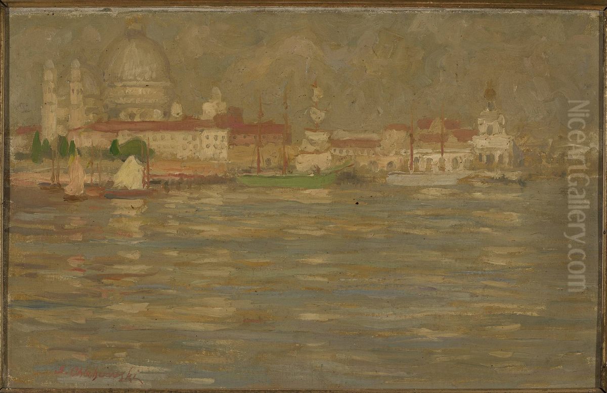 View of the city at waterside Oil Painting by Stanislaw Chlebowski
