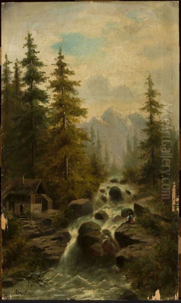 Mountain landscape with a waterfall Oil Painting by Adolf Chwala